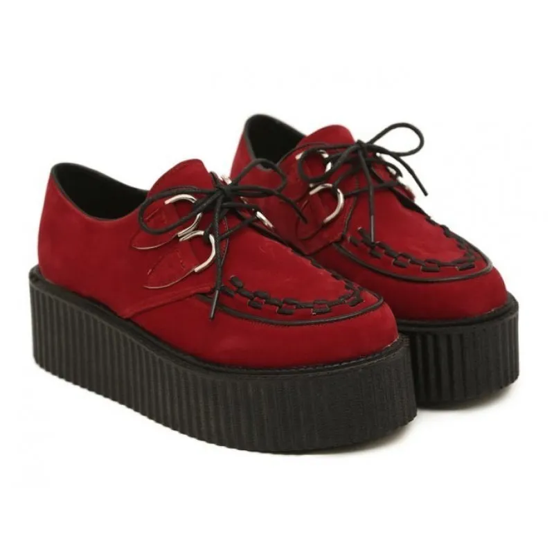 Red Suede Stitches Lace Up Creepers Oxfords