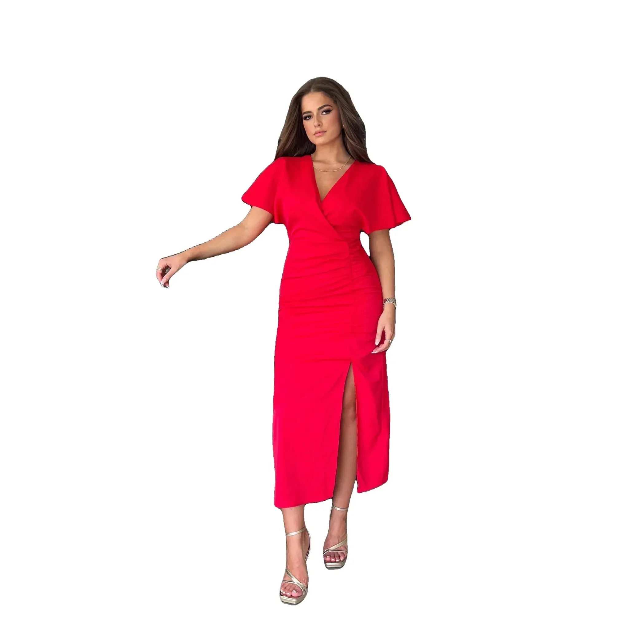 Red Midi Dress with Thigh Split, Batwing Sleeves, and Elastic Waist