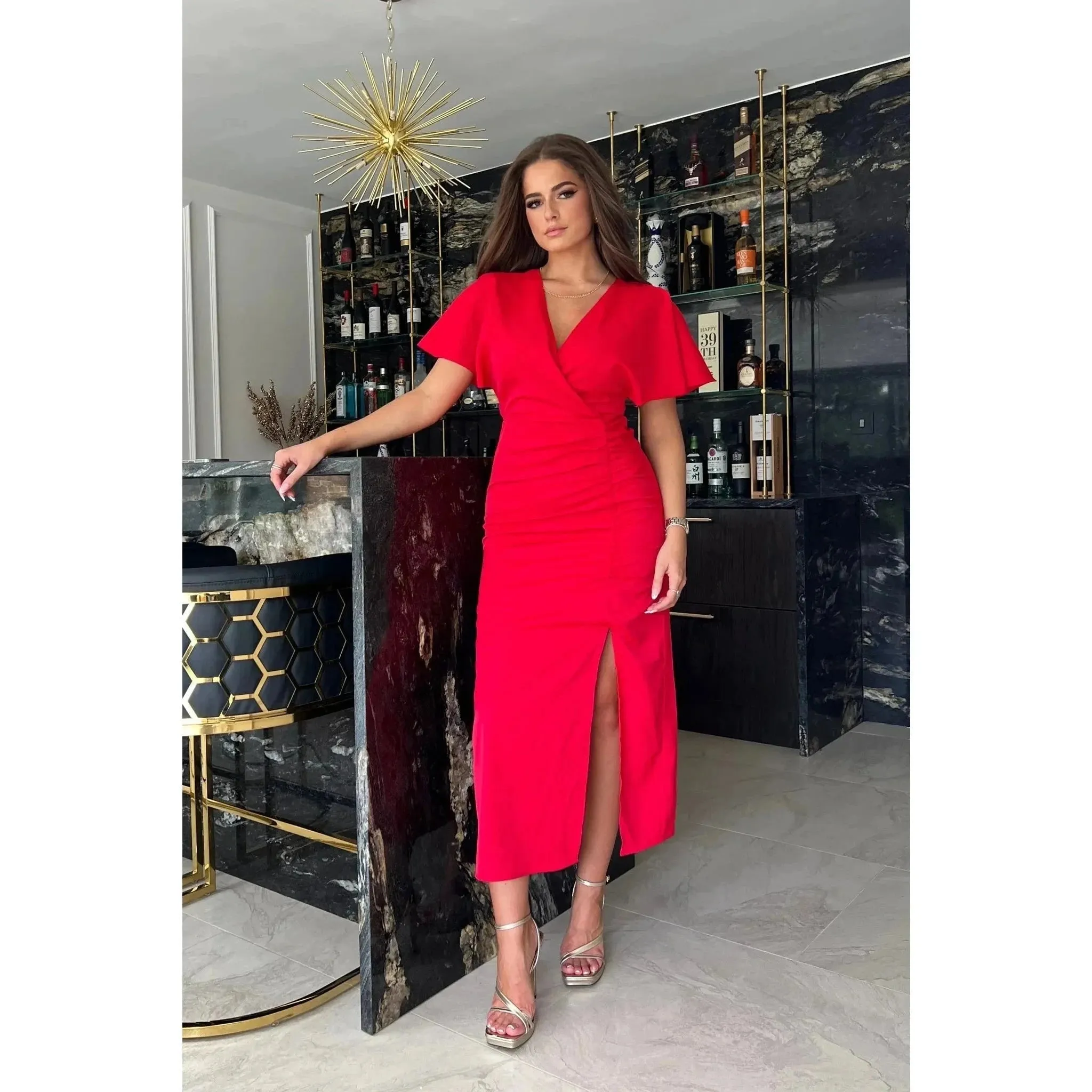 Red Midi Dress with Thigh Split, Batwing Sleeves, and Elastic Waist