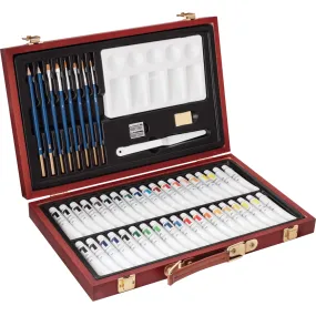 Reeves Acrylic Paints Brush Pencils Palette Sharpener Eraser Wooden Gift Box Set