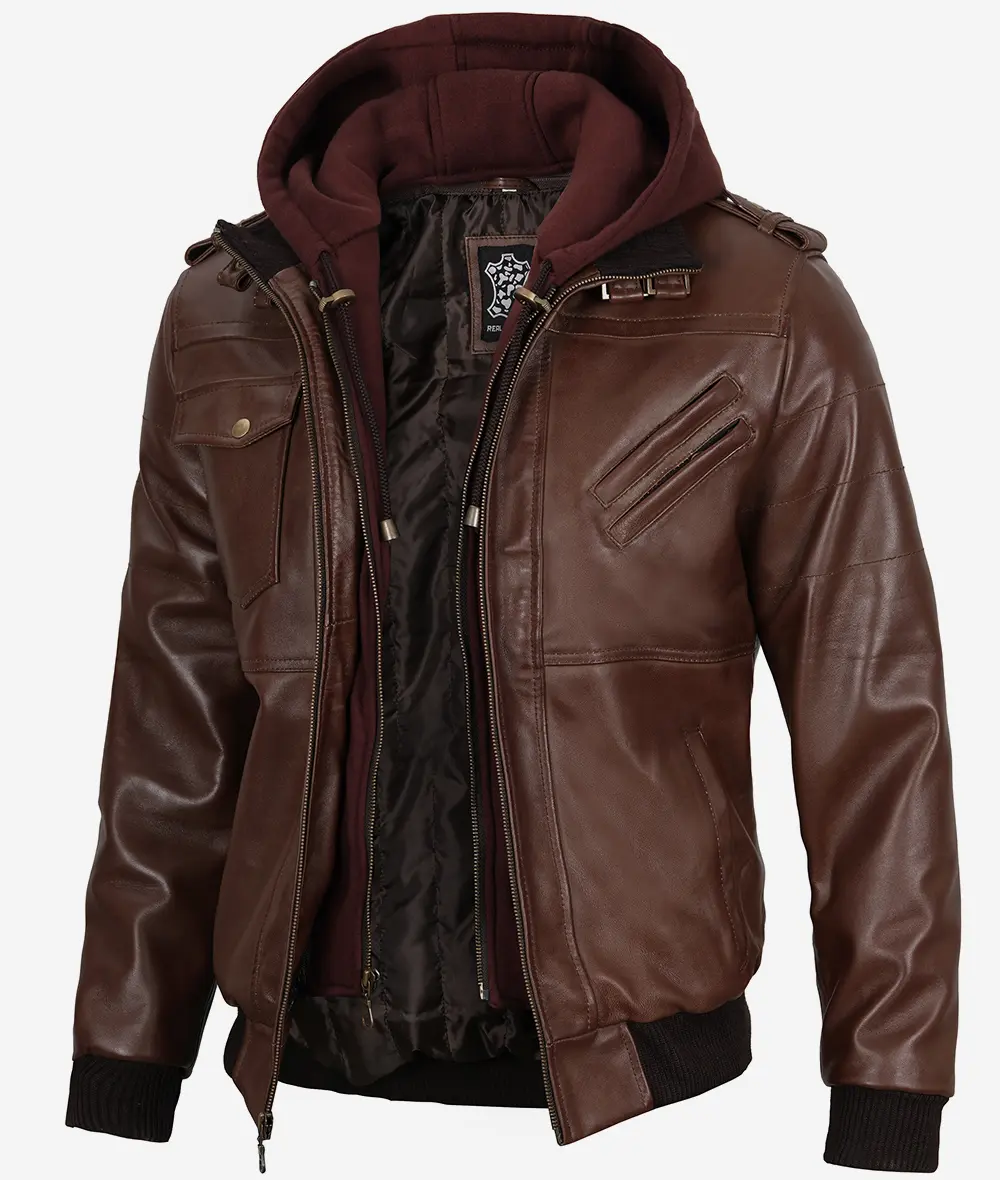 Removable Hood Real Leather Dark Brown Bomber Jacket