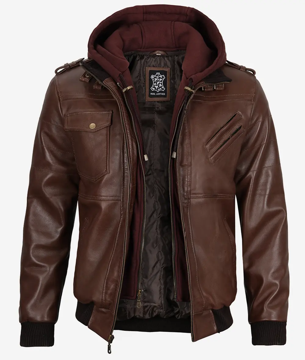 Removable Hood Real Leather Dark Brown Bomber Jacket