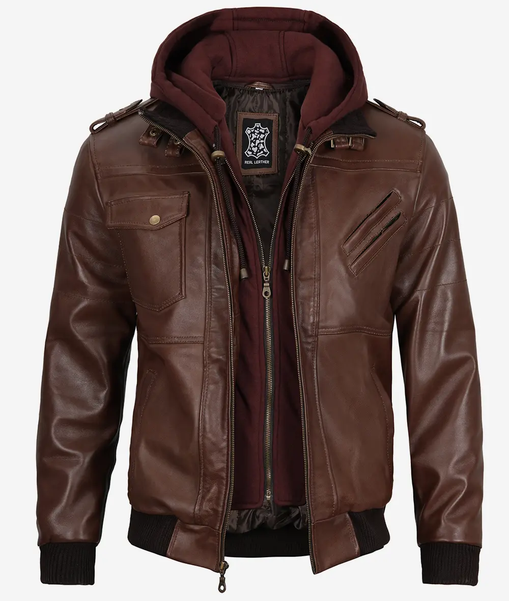 Removable Hood Real Leather Dark Brown Bomber Jacket