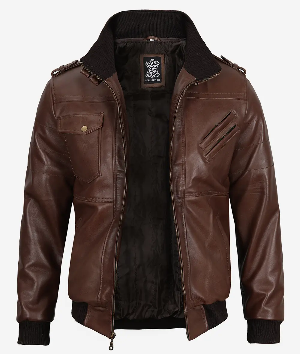 Removable Hood Real Leather Dark Brown Bomber Jacket