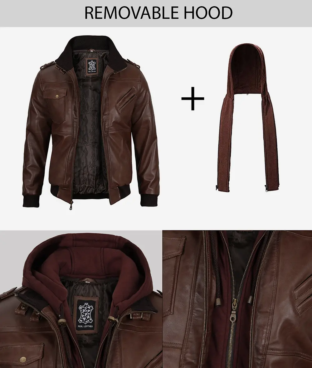 Removable Hood Real Leather Dark Brown Bomber Jacket