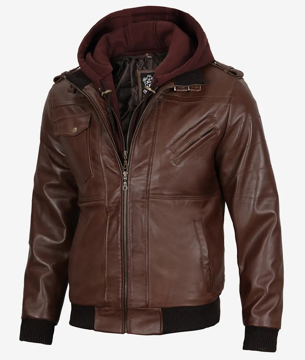 Removable Hood Real Leather Dark Brown Bomber Jacket