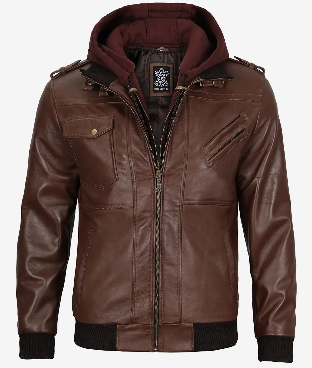 Removable Hood Real Leather Dark Brown Bomber Jacket