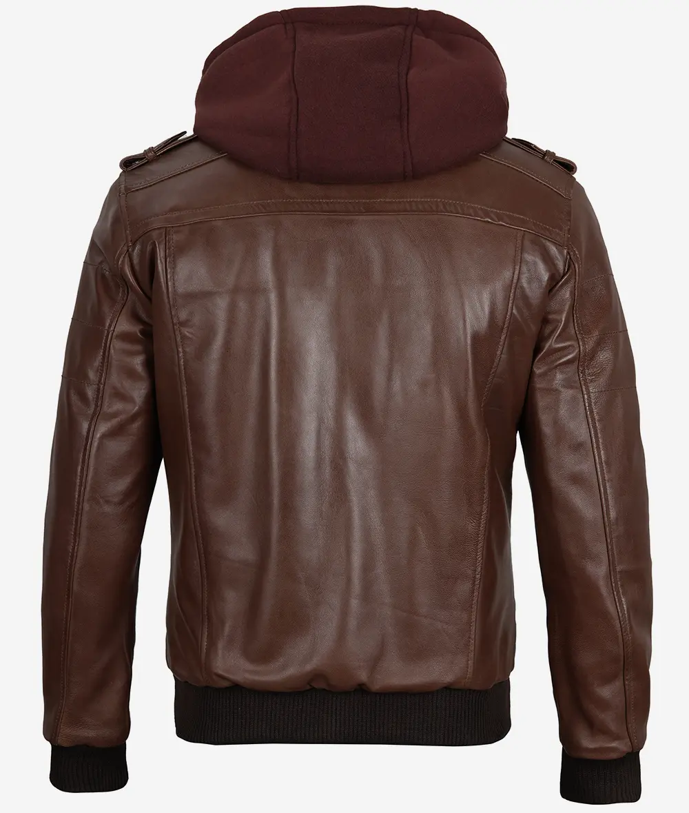 Removable Hood Real Leather Dark Brown Bomber Jacket