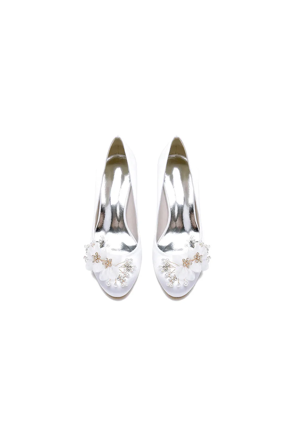 Rhinestone White Chunky Heels with Flower