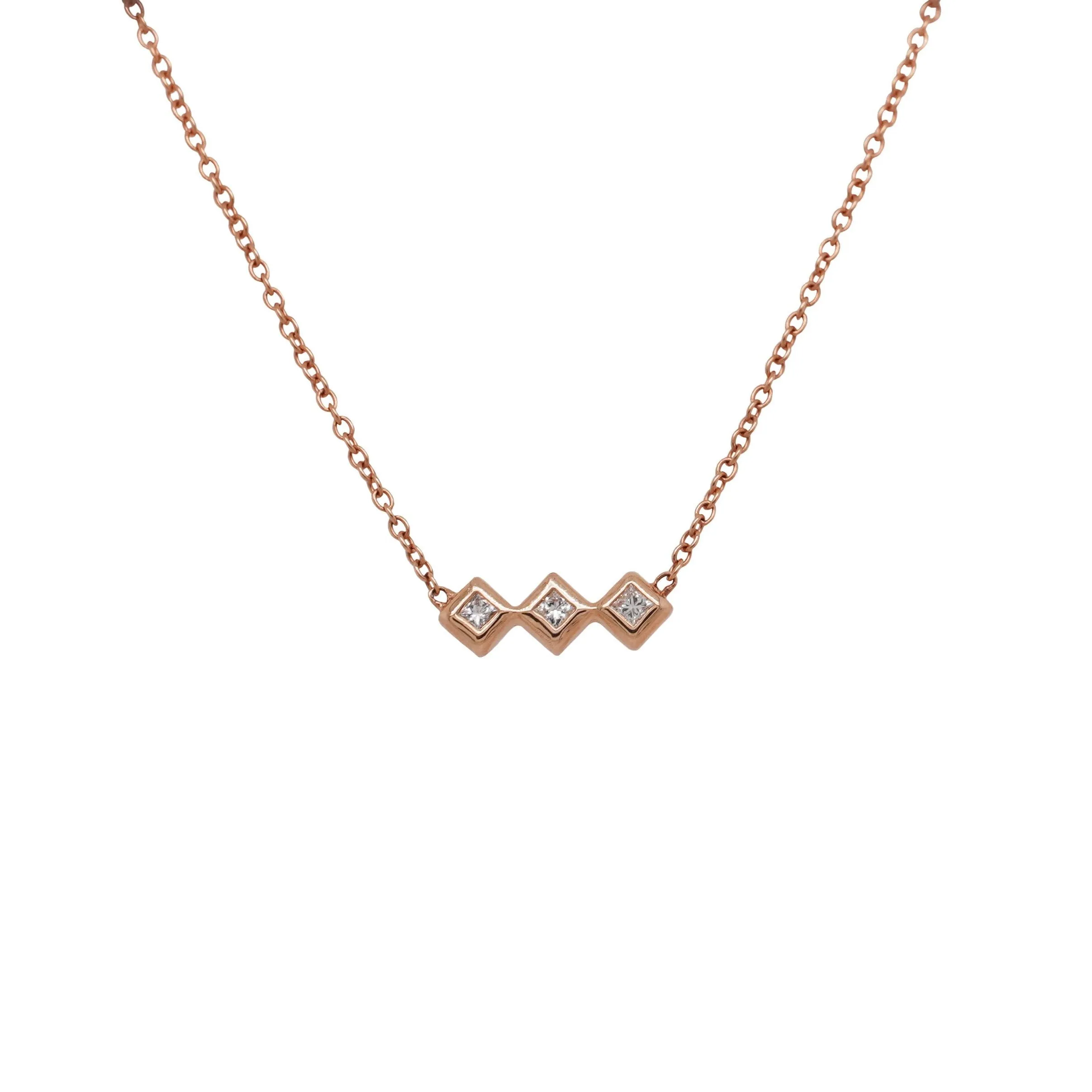 Rose Gold Bezel Set Triple Princess Cut Diamond Bar Necklace