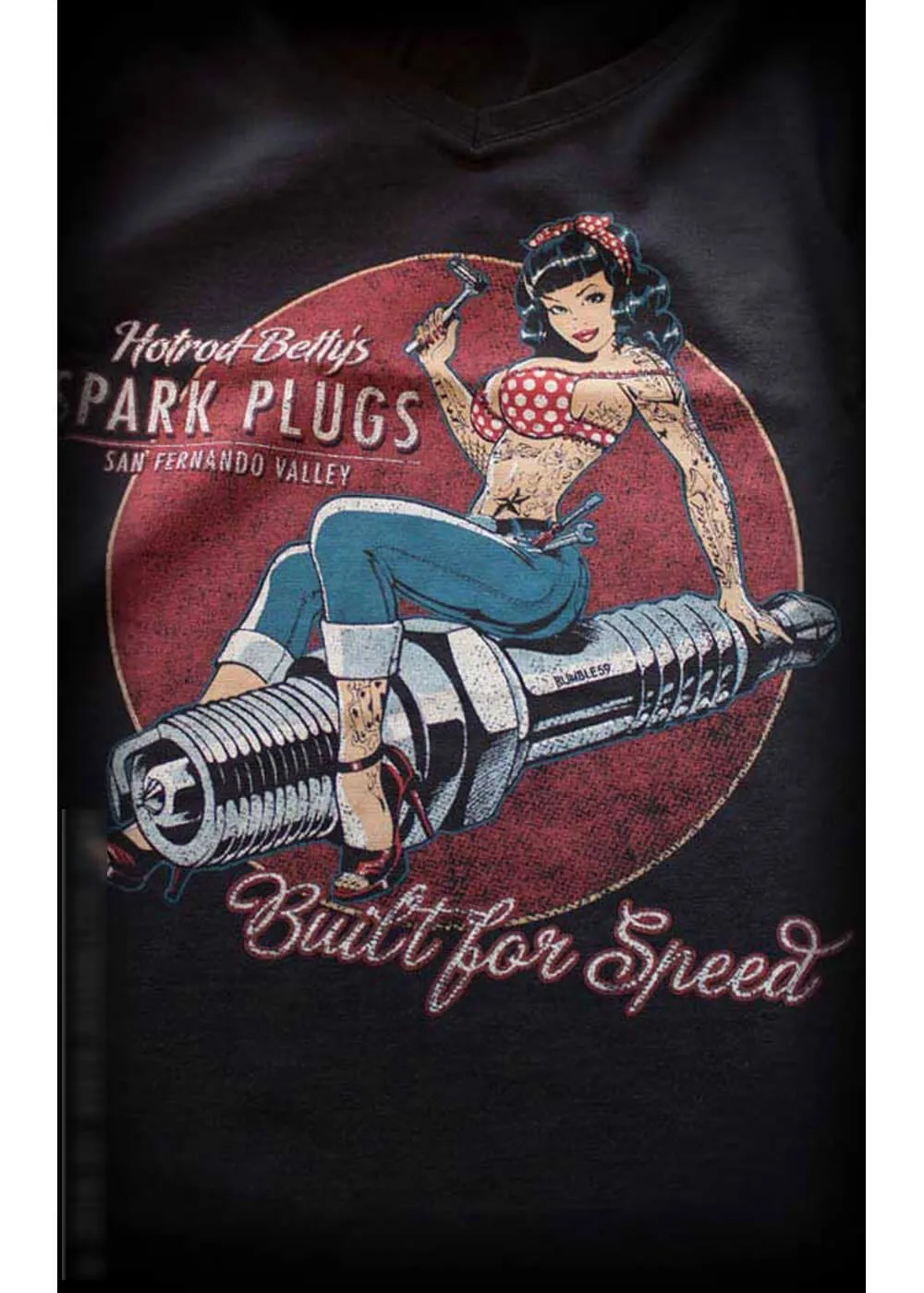 Rumble59 Hotrod Betty Spark Plugs Women's Tee Black.