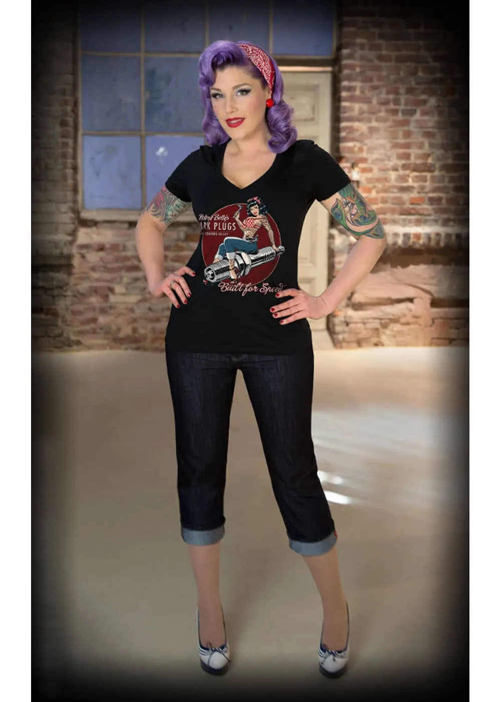 Rumble59 Hotrod Betty Spark Plugs Women's Tee Black.