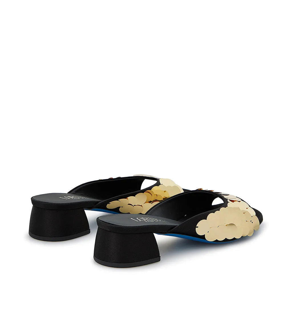 Sequin embellished black satin mules.