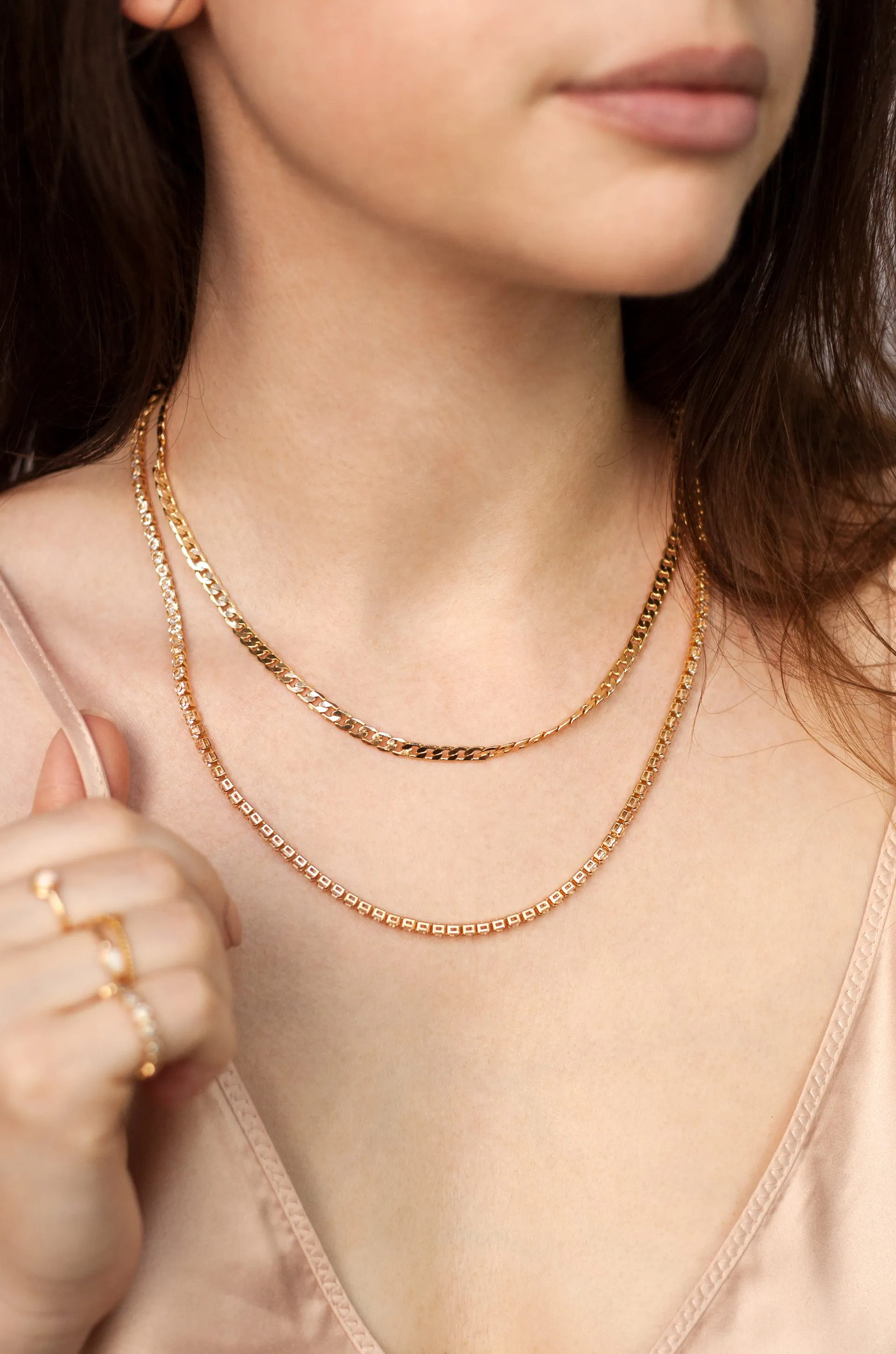 Simple Crystal and 18k Gold Plated Chain Necklace Set