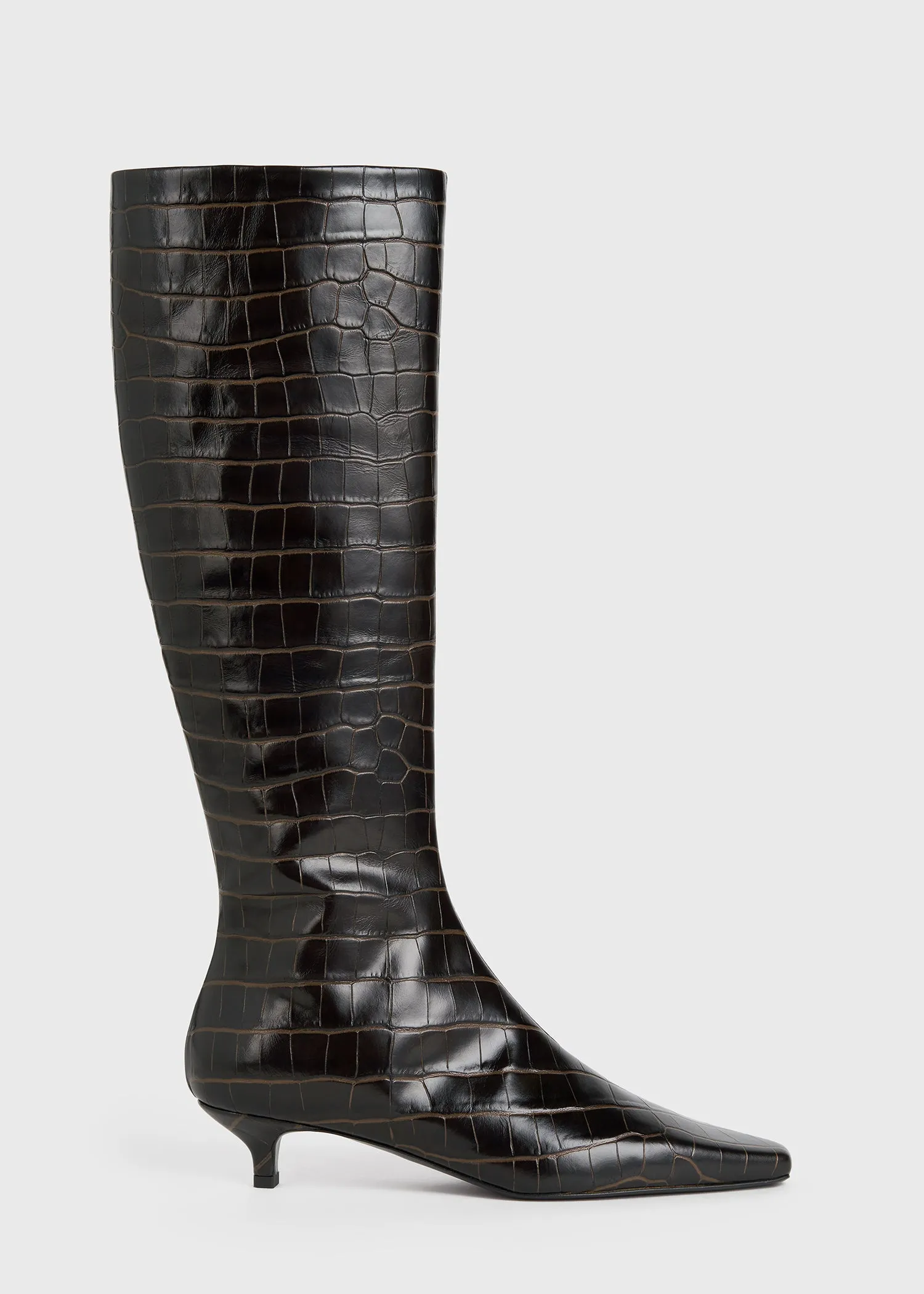 Slim croco-embossed knee-high boots dark brown