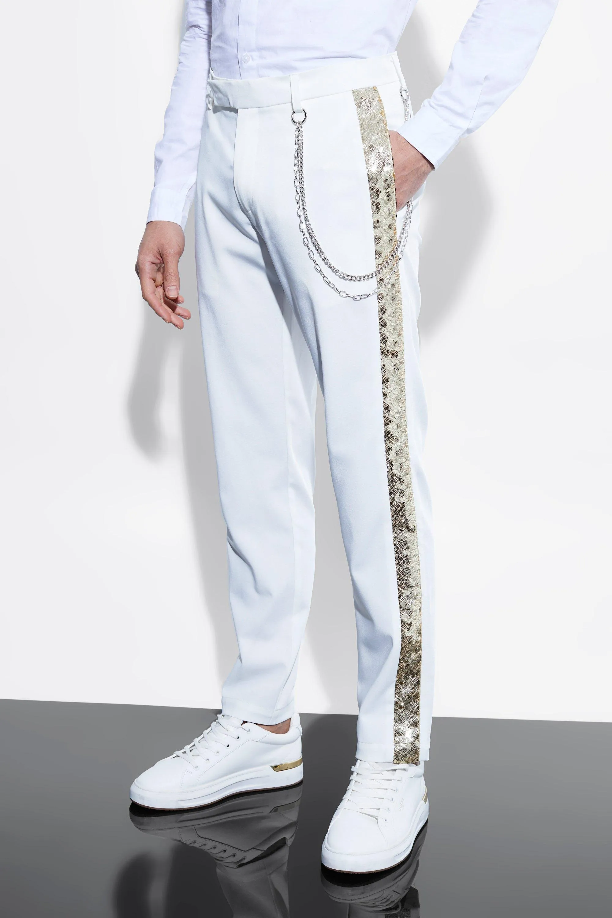 Slim Sequin Side Panel Chain Suit Trousers