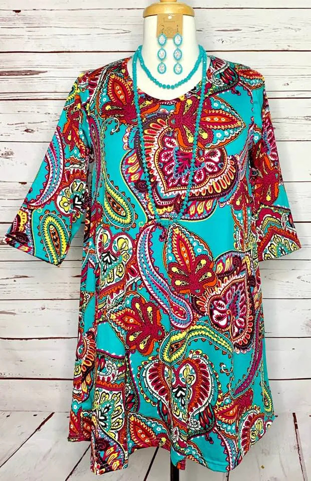 Small Turquoise Paisley Tunic Butterfly Hem