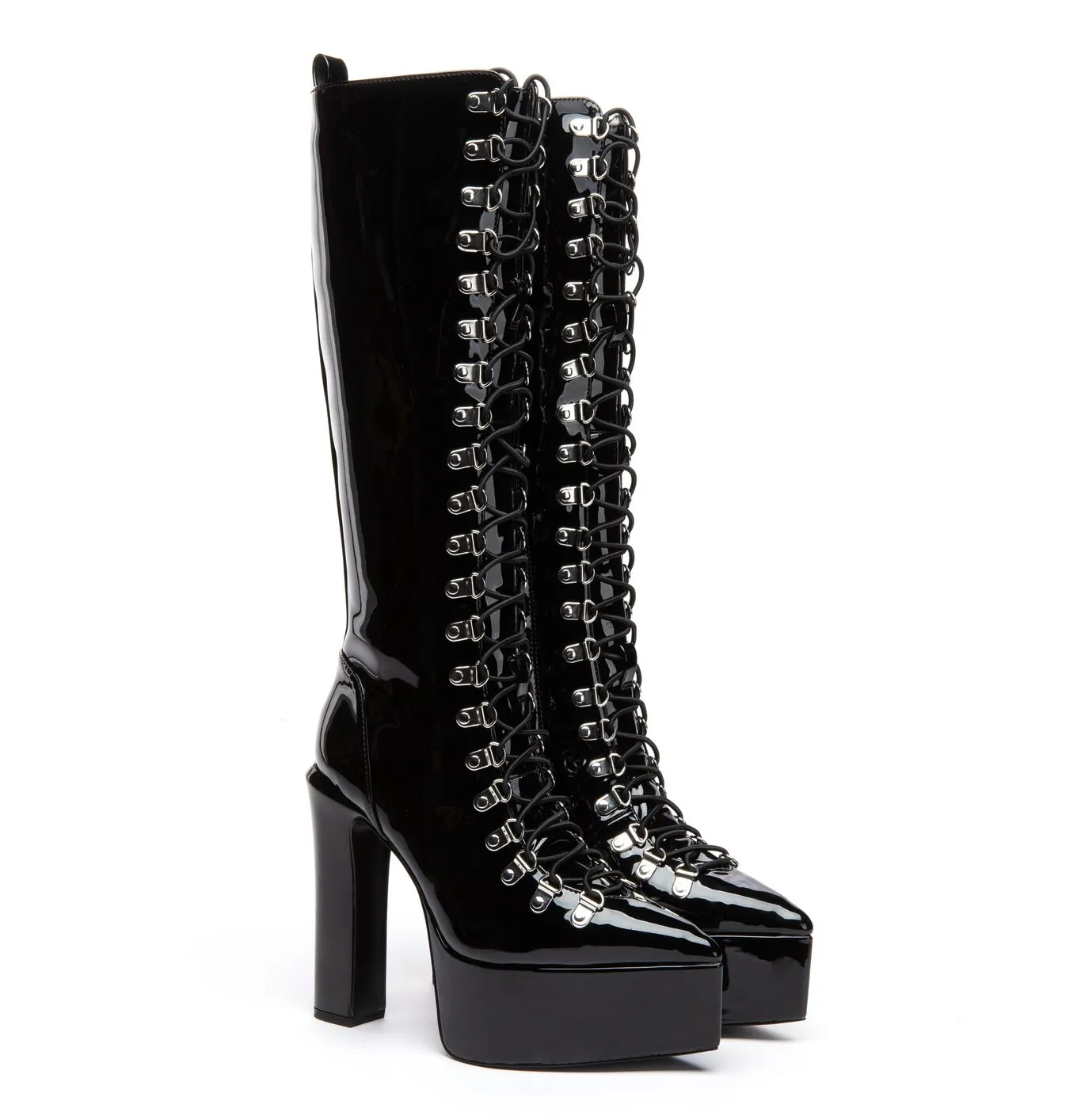 STRAGAZER | BLACK SHINY | LACED KNEE BOOTS   