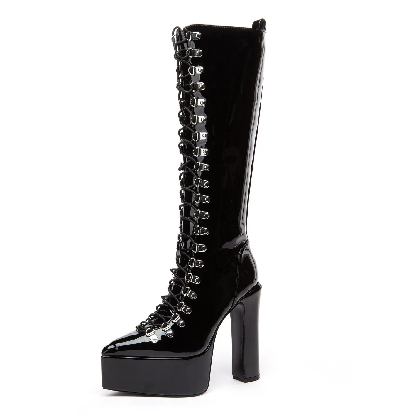 STRAGAZER | BLACK SHINY | LACED KNEE BOOTS   