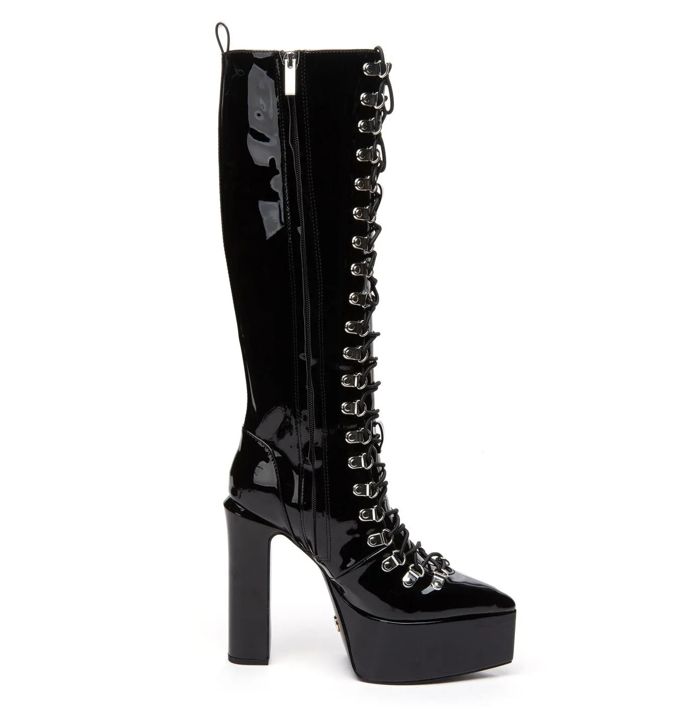 STRAGAZER | BLACK SHINY | LACED KNEE BOOTS   