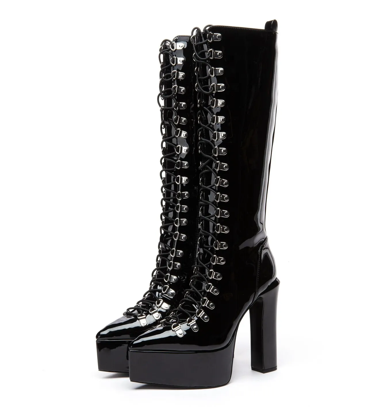 STRAGAZER | BLACK SHINY | LACED KNEE BOOTS   