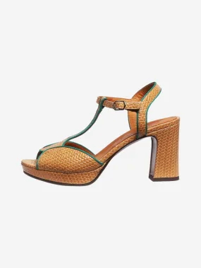   Tan textured T-bar sandal heels - size EU 40