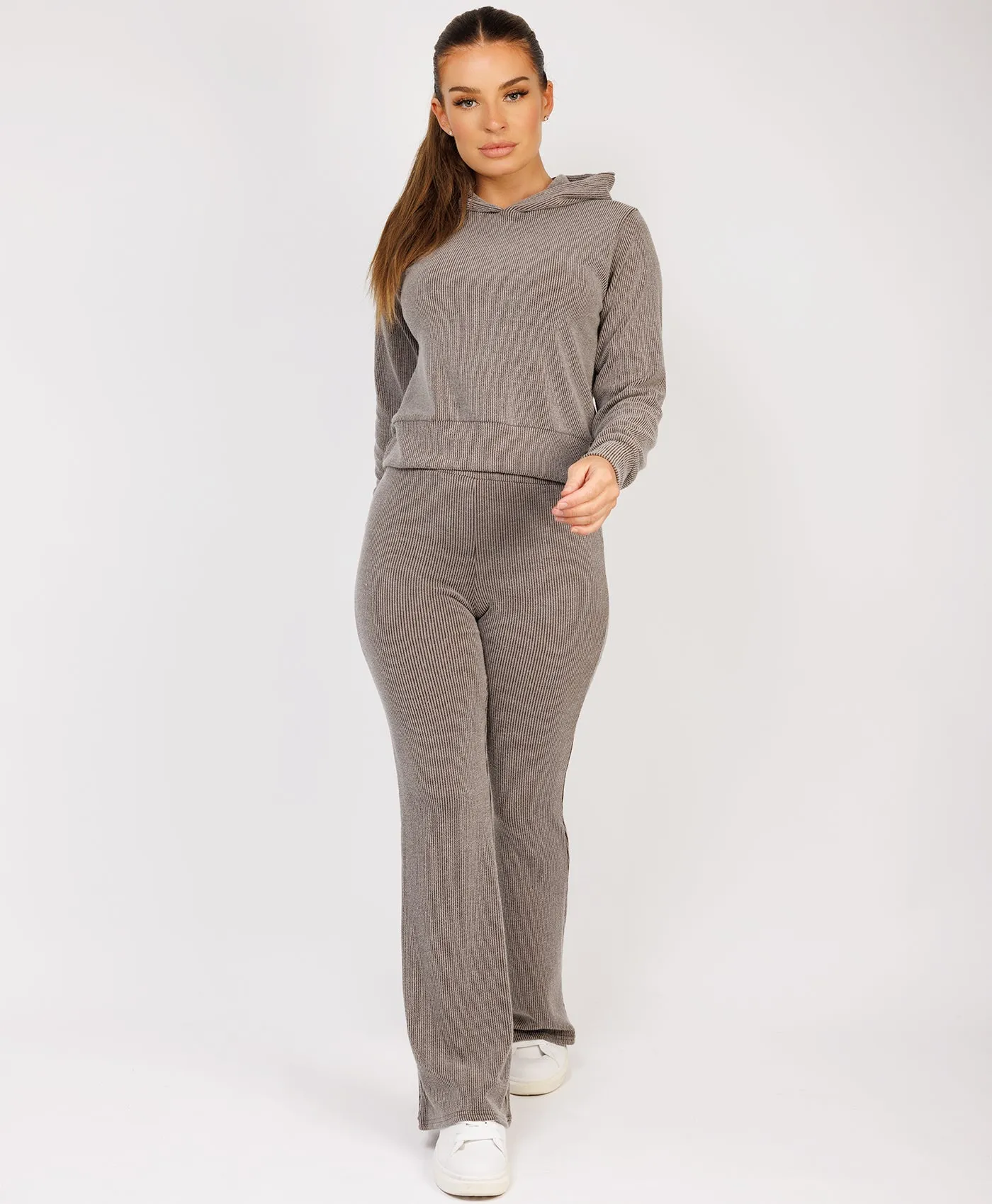 Taupe Ribbed Hoody & Skinny Flare Trousers Loungewear Set