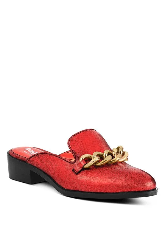 The Azka -  Metal Chain Red/Black Leather Mules For Women