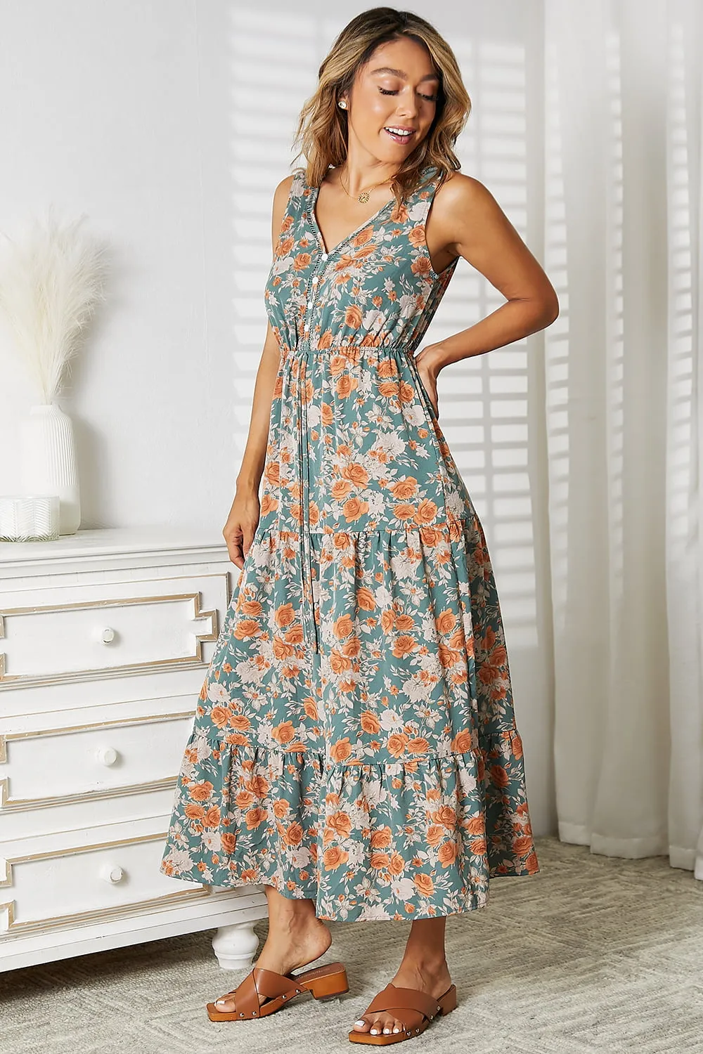 Tiered Sleeveless Dress with V-Neck and Floral Print by Double Take