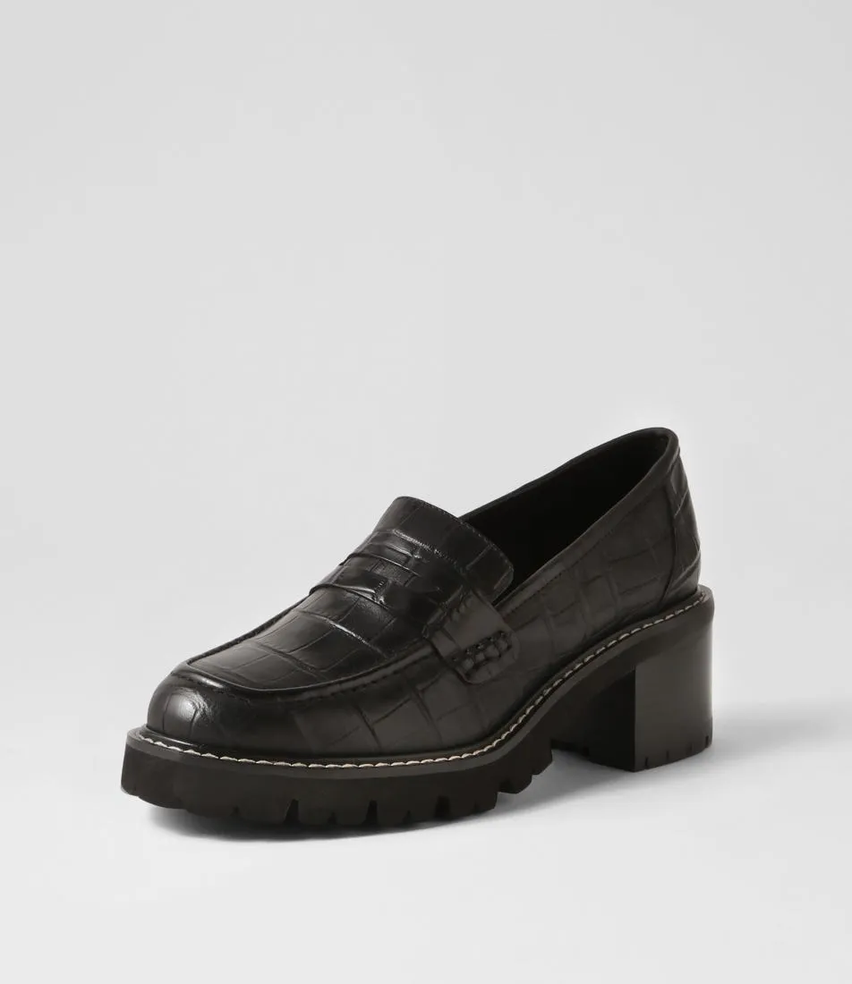 TOP END Jinnah Black Croc Leather Heels