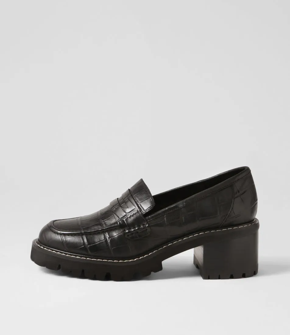 TOP END Jinnah Black Croc Leather Heels