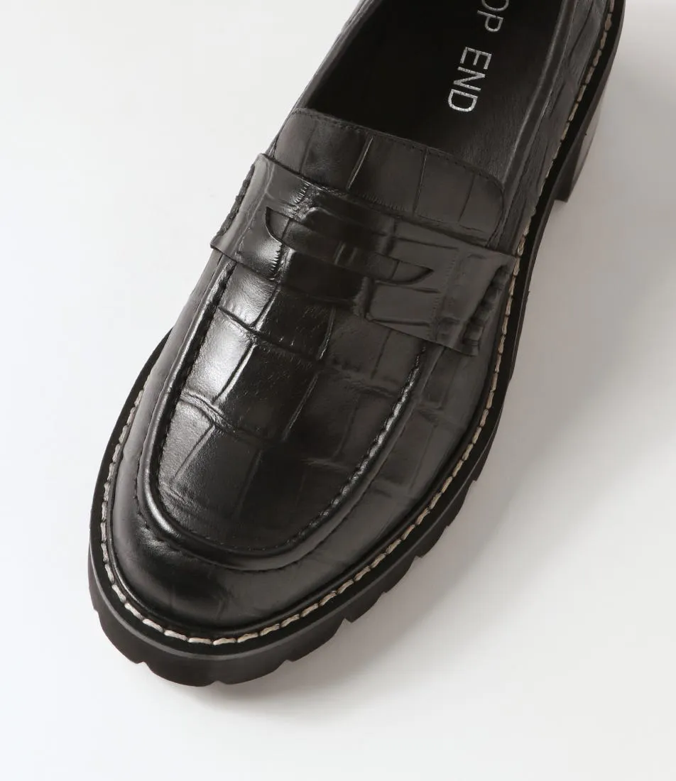 TOP END Jinnah Black Croc Leather Heels