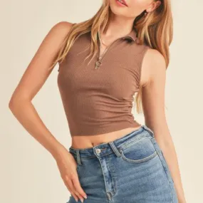 Ribbed Mock Neck Crop Top with O-Ring Zipper, Trendy Girl.