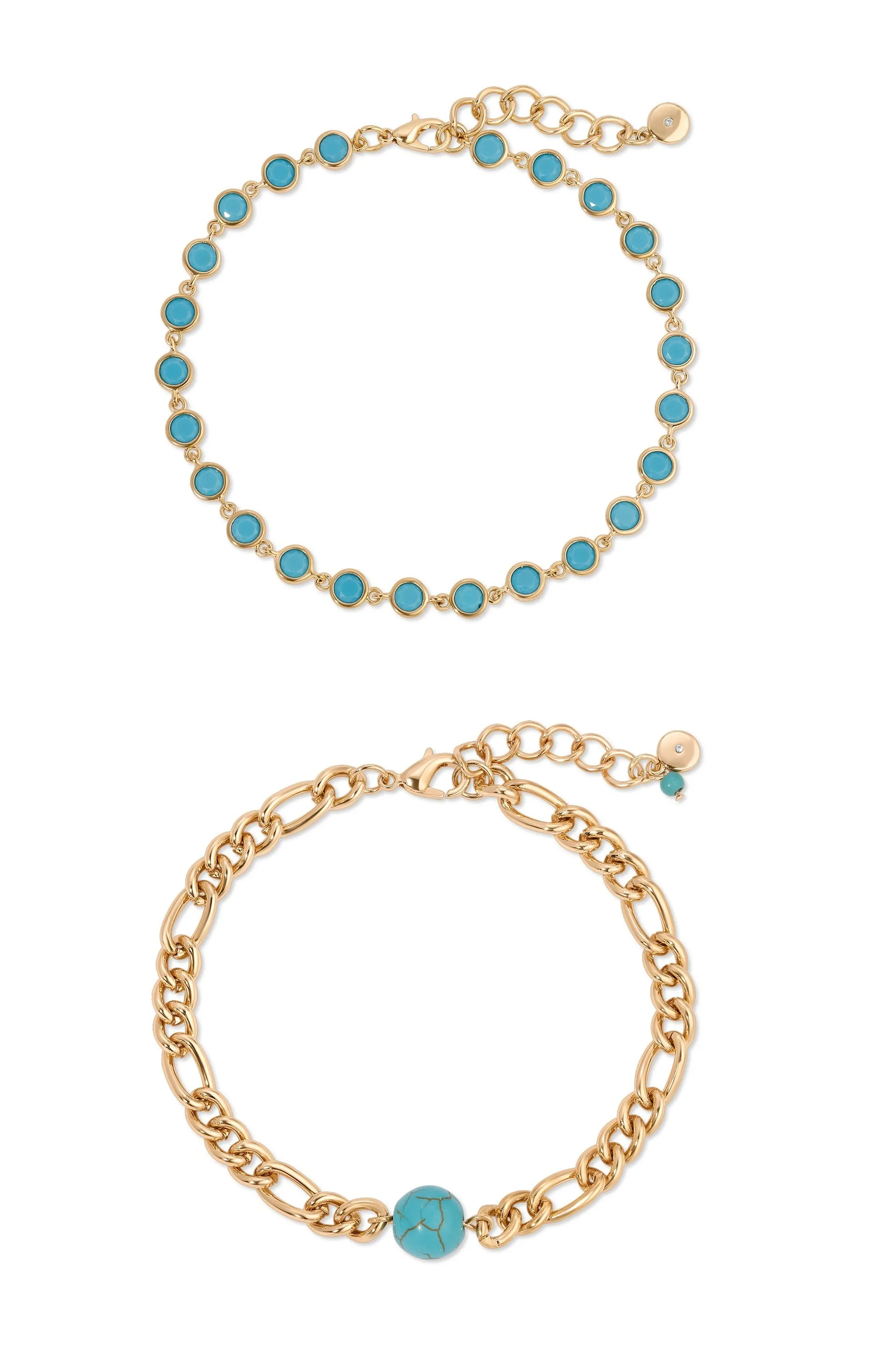 Turquoise Link and Bead Anklet Set