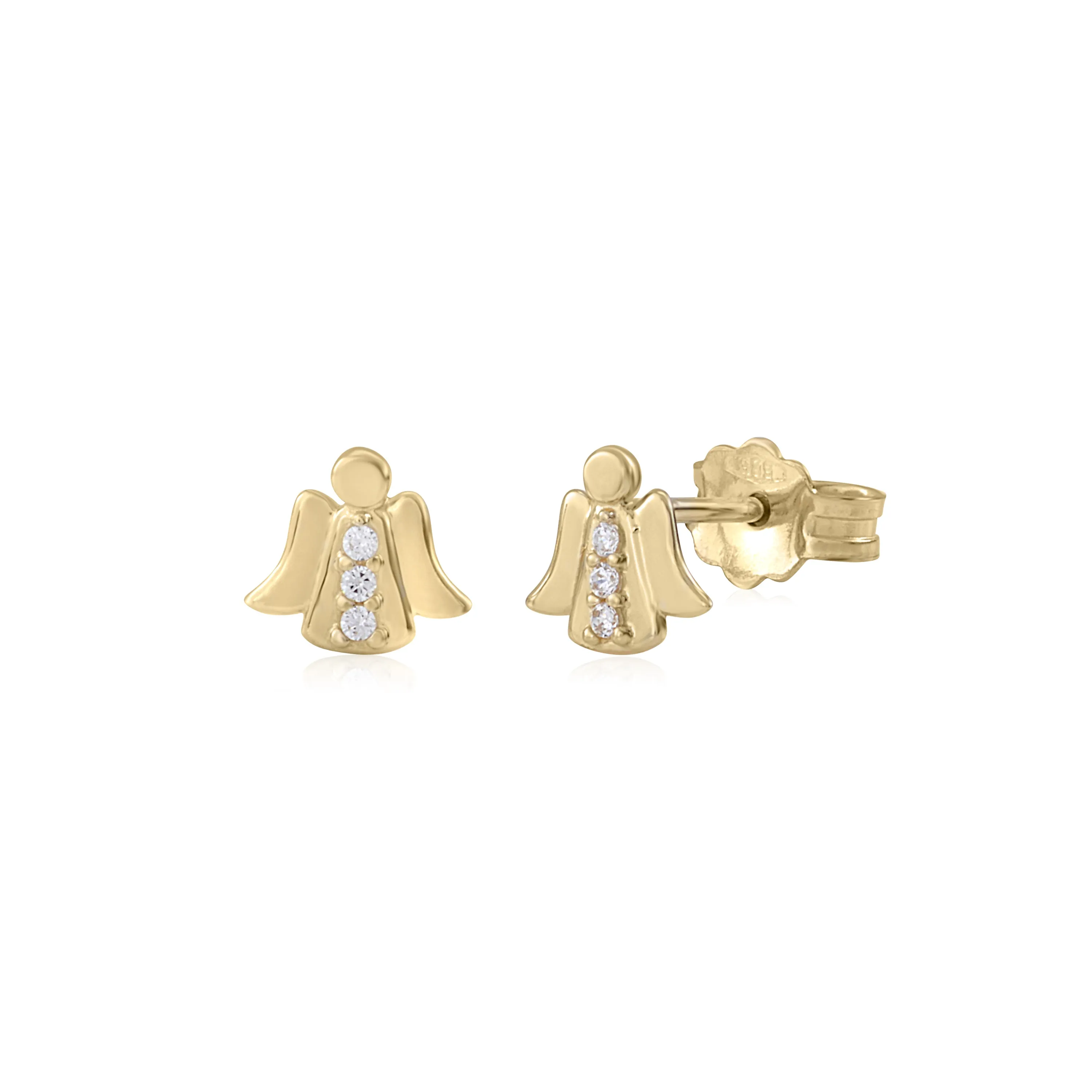 UNICORNJ 14K Gold Guardian Angel Post Earrings for Kids - Yellow and White Gold with CZ's from Italy