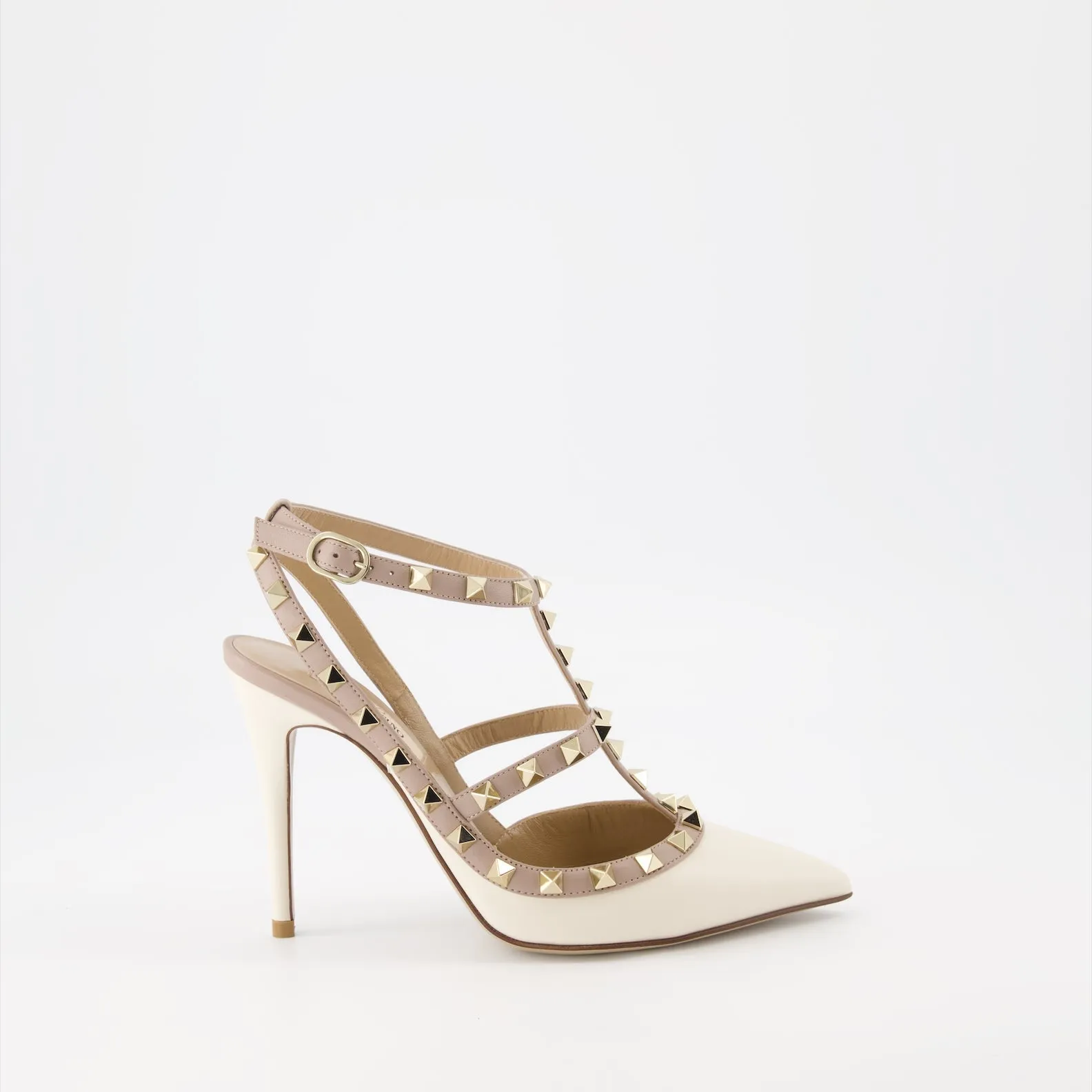 White and Beige Rockstud Pumps