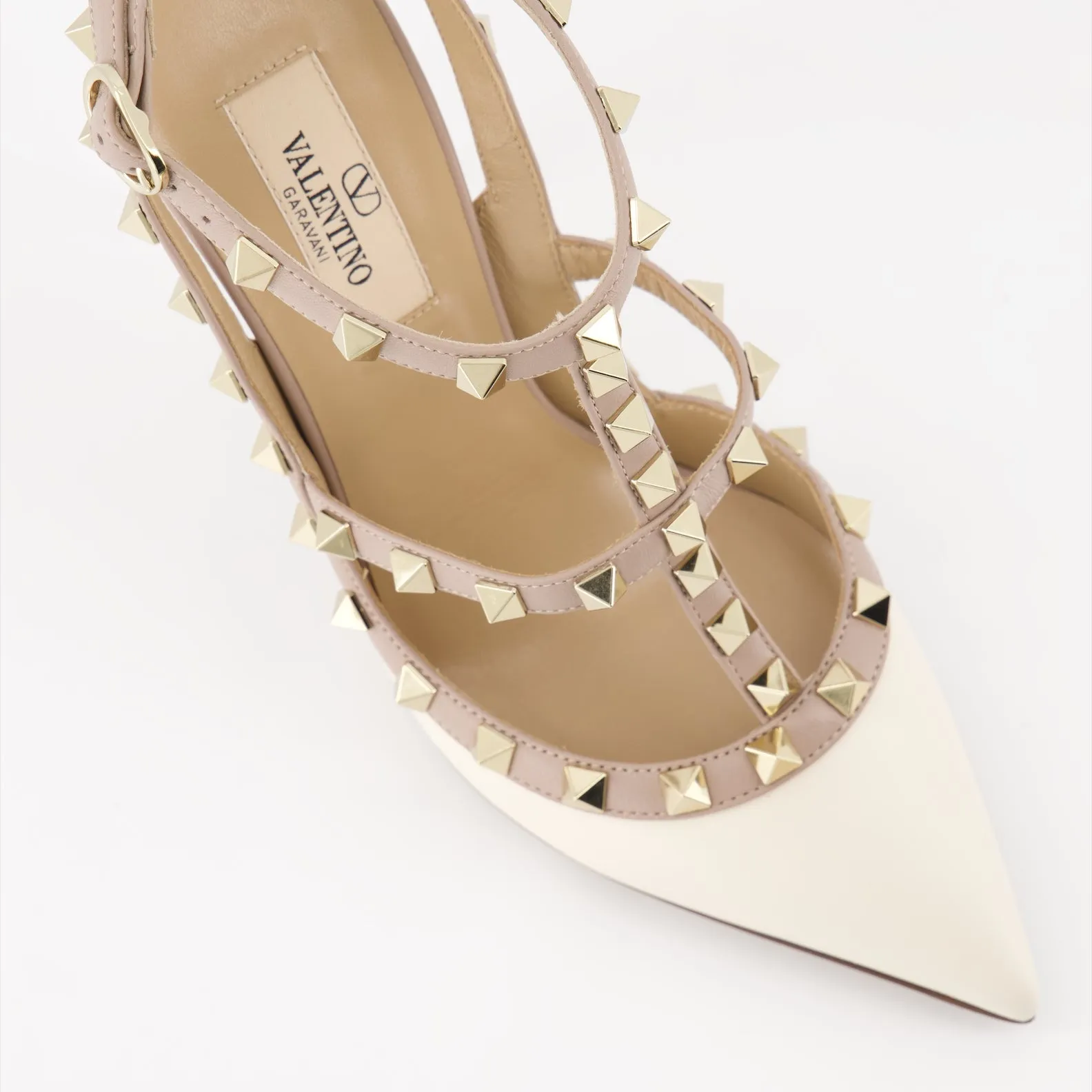 White and Beige Rockstud Pumps