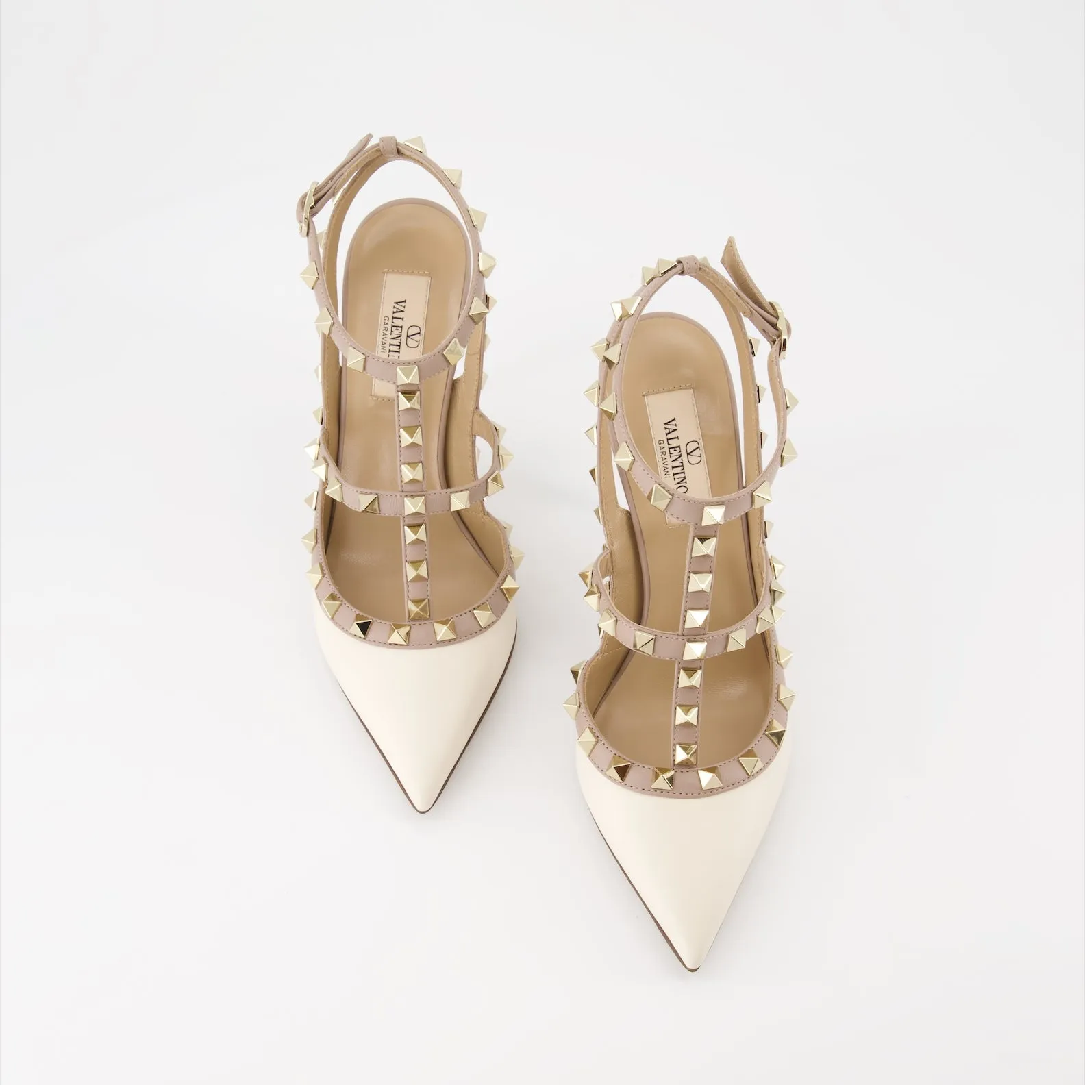 White and Beige Rockstud Pumps