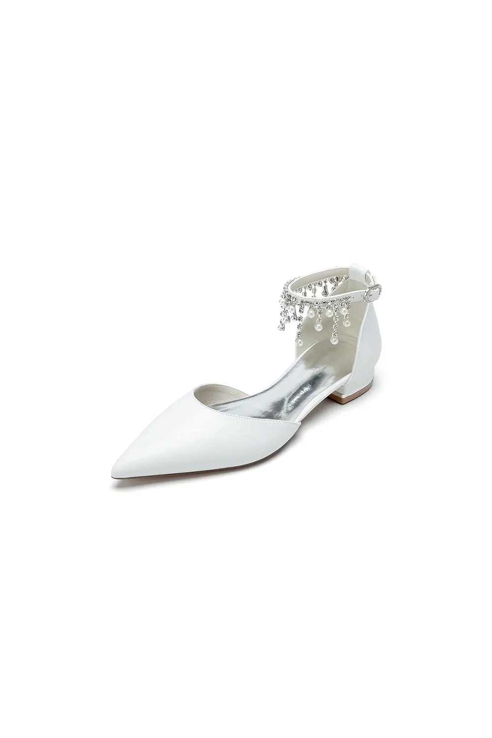 White Pearl Beaded Ankle Strap Pointed Toe Low Heels