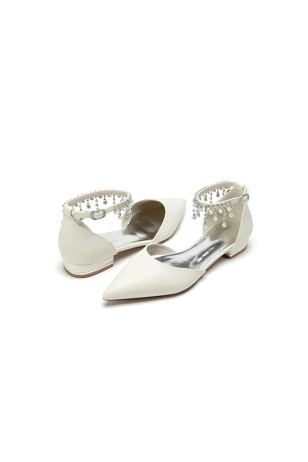 White Pearl Beaded Ankle Strap Pointed Toe Low Heels