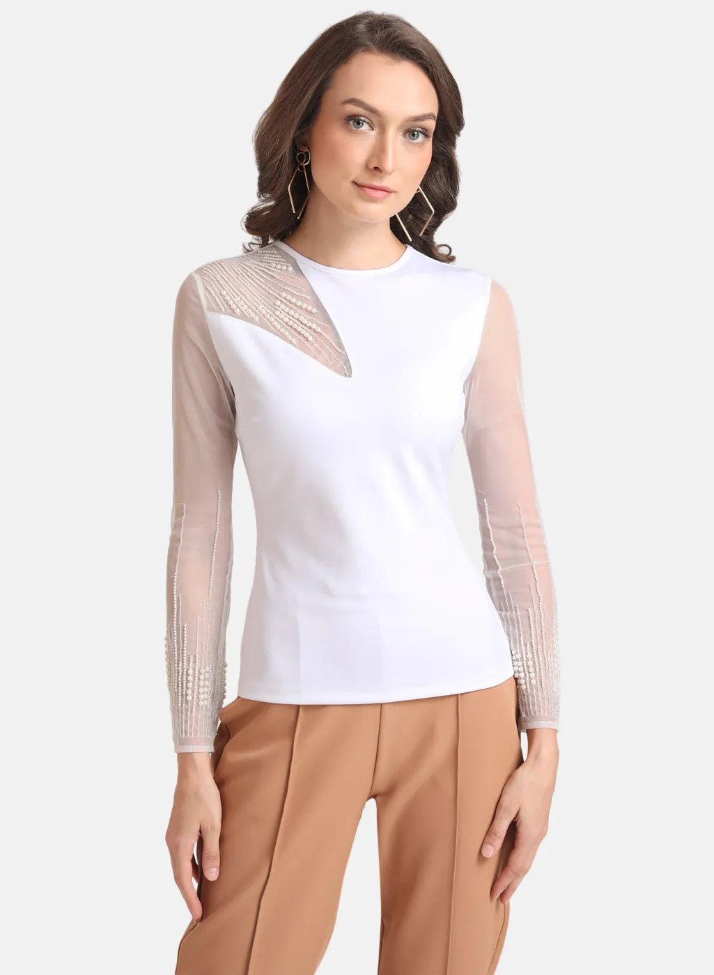 White Pearl Embellished Top with Full Sleeves - Kazo