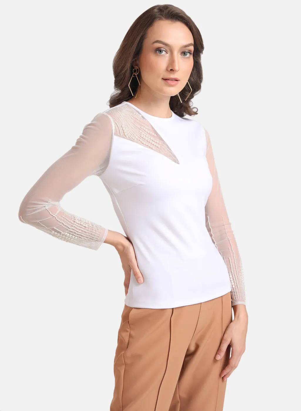 White Pearl Embellished Top with Full Sleeves - Kazo