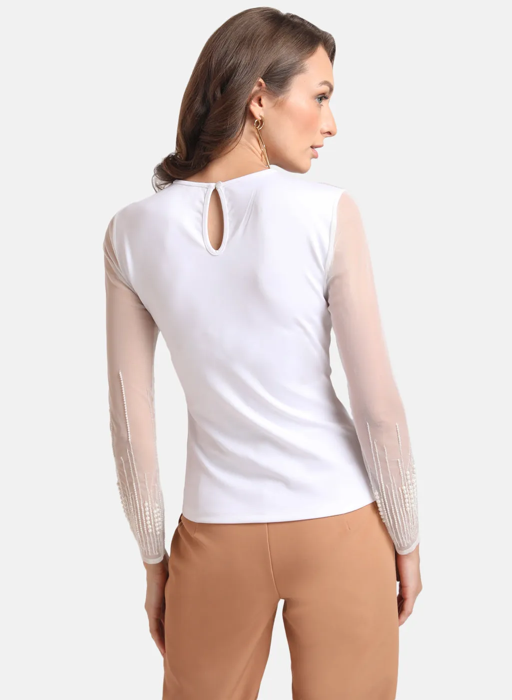 White Pearl Embellished Top with Full Sleeves - Kazo