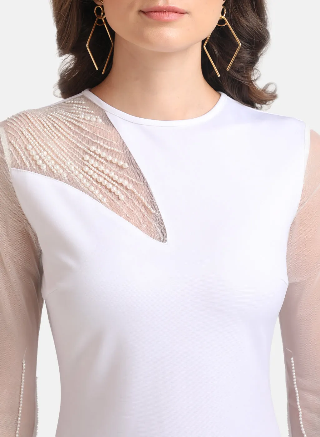 White Pearl Embellished Top with Full Sleeves - Kazo