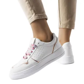 White sneakers tied with Pryor ribbon