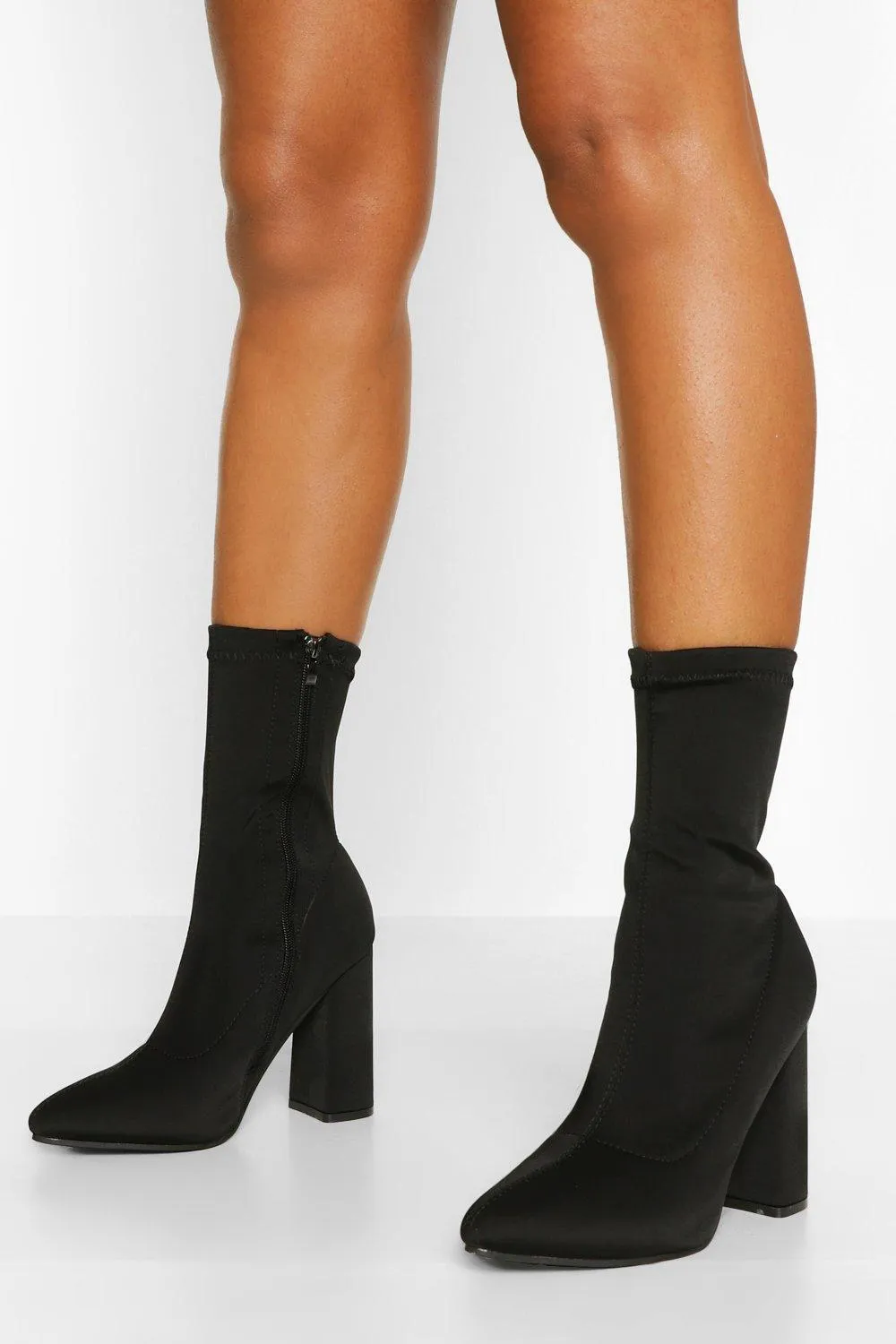 Wide Width Block Heel Pointed Toe Sock Boots