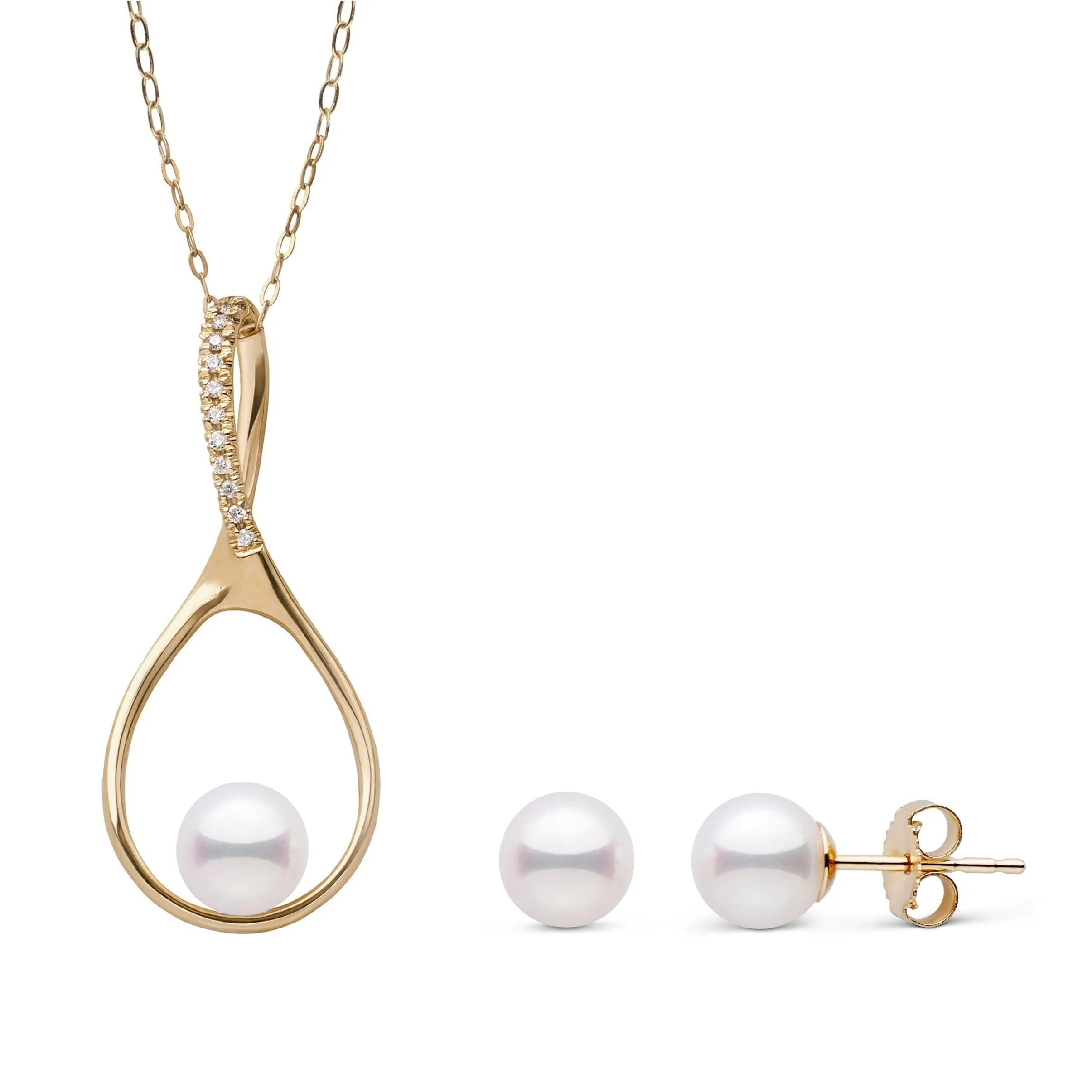 Wishbone Collection 6.5-7.0 mm Akoya Pearl and Diamond Pendant and Stud Earrings Set