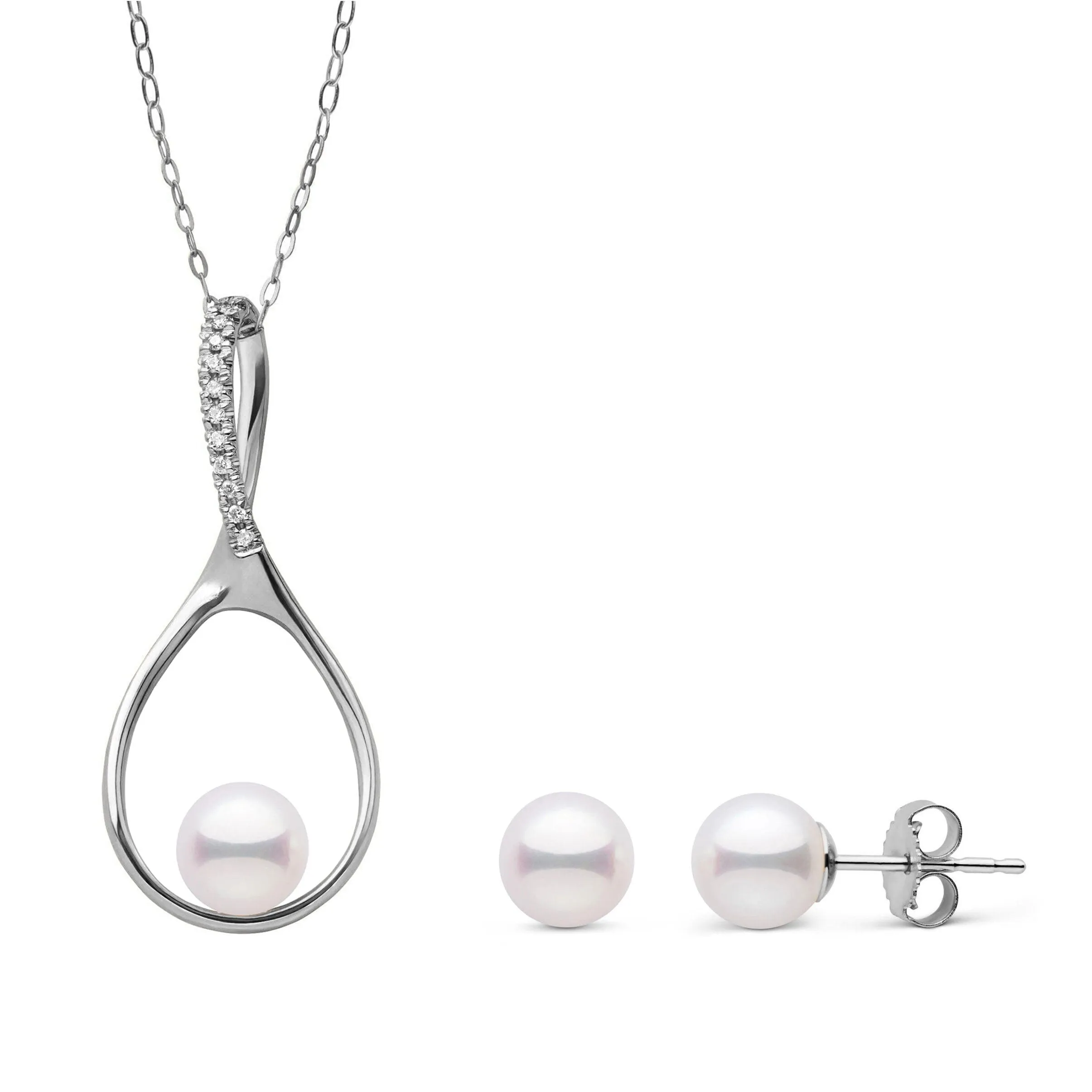 Wishbone Collection 6.5-7.0 mm Akoya Pearl and Diamond Pendant and Stud Earrings Set