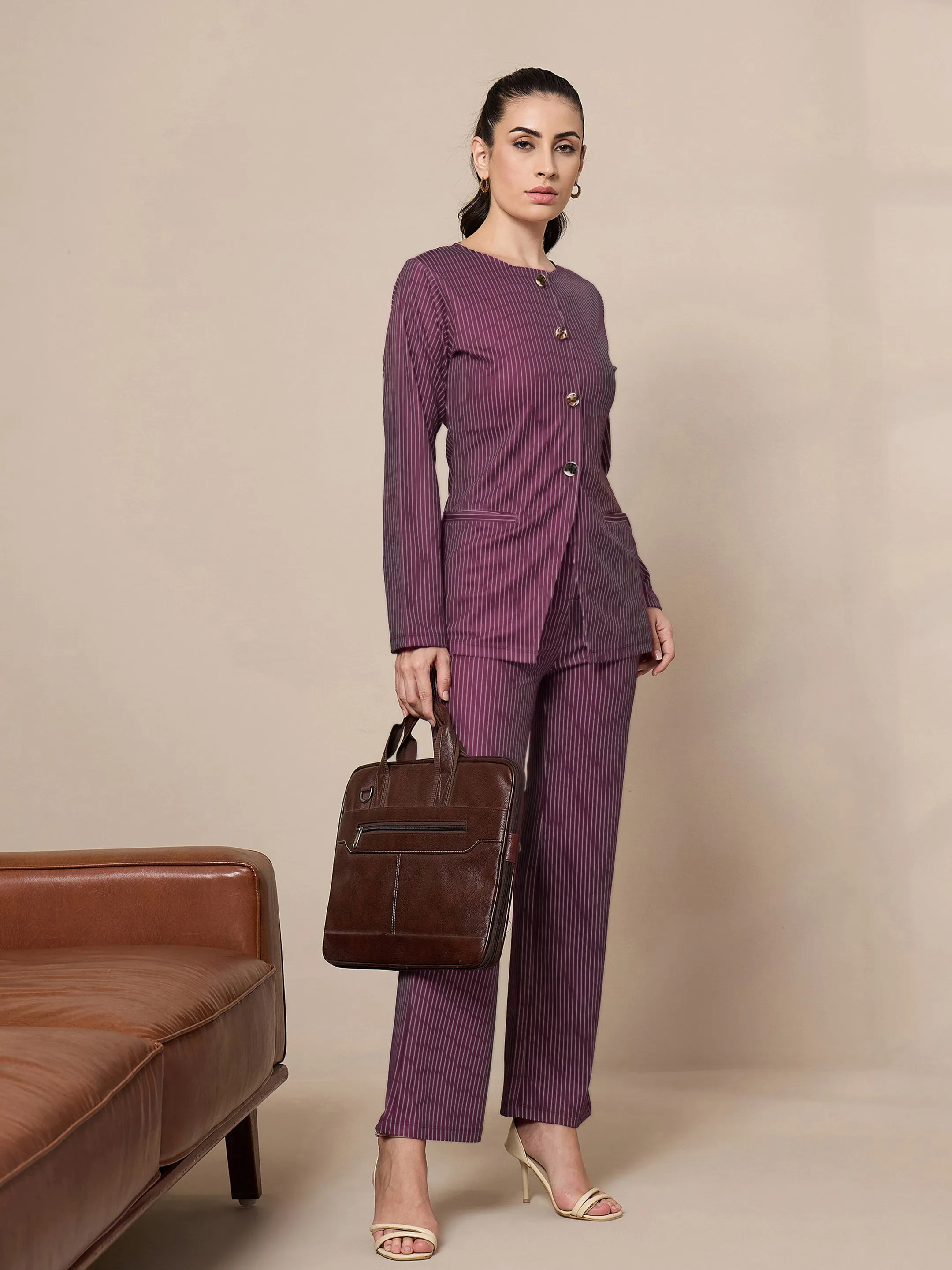 Women Maroon Striped Round Neck Full Sleeve Top With Straigh Trousers