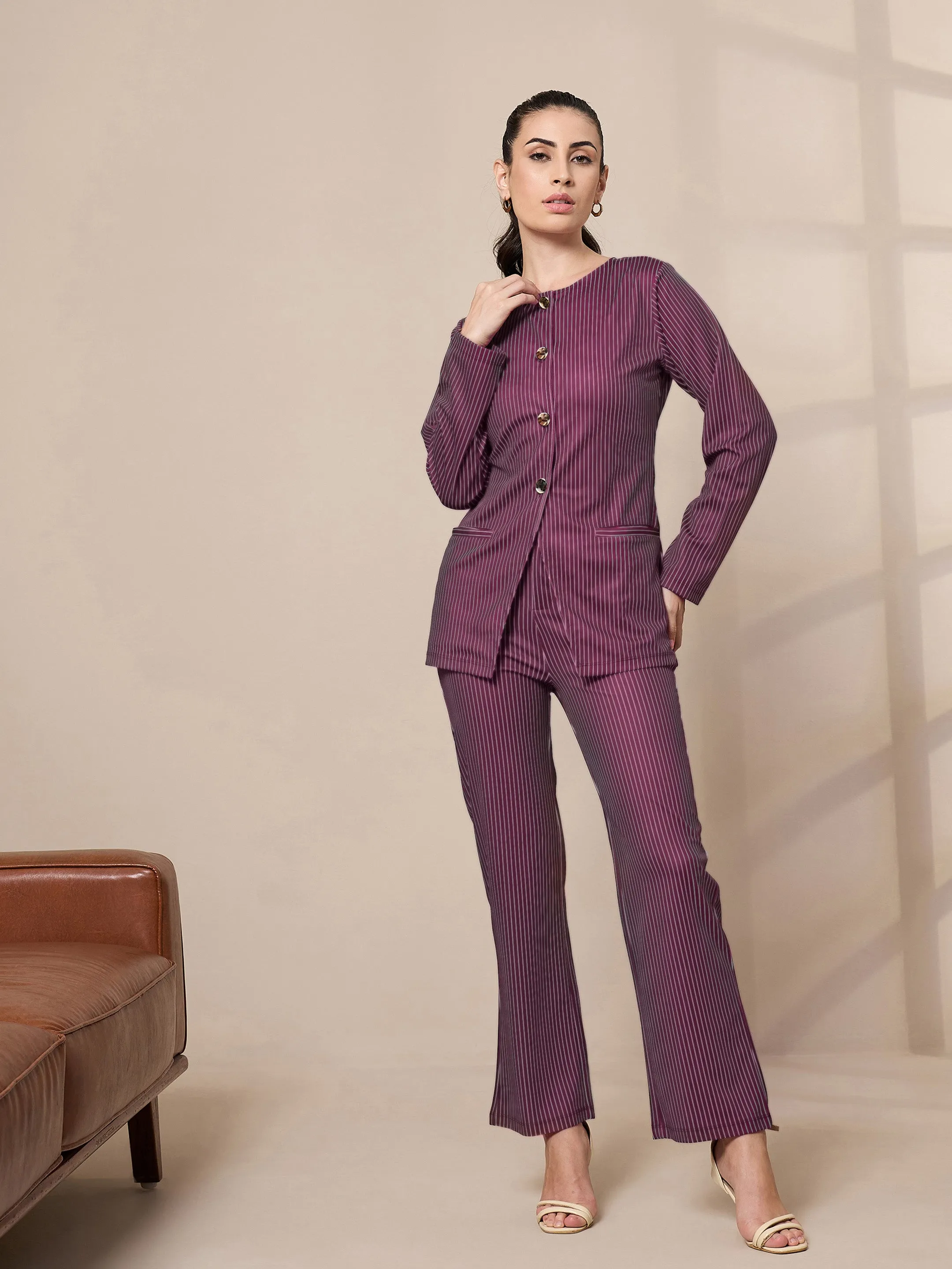 Women Maroon Striped Round Neck Full Sleeve Top With Straigh Trousers